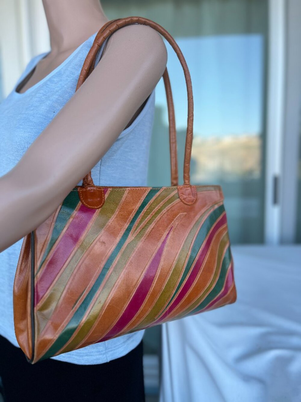 Multicolor stripe leather handbag